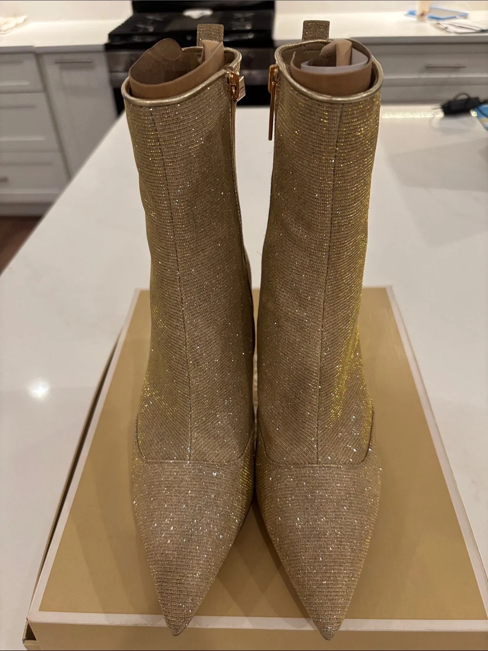 Michael Kors Camel Glitter Pointed-Toe Ankle Booties with Gold Heel